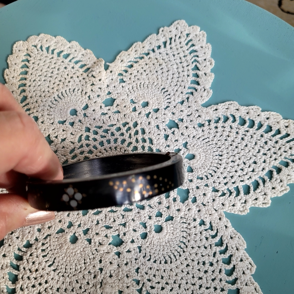 Inlaid Black Bakelite Bangle Bracelet